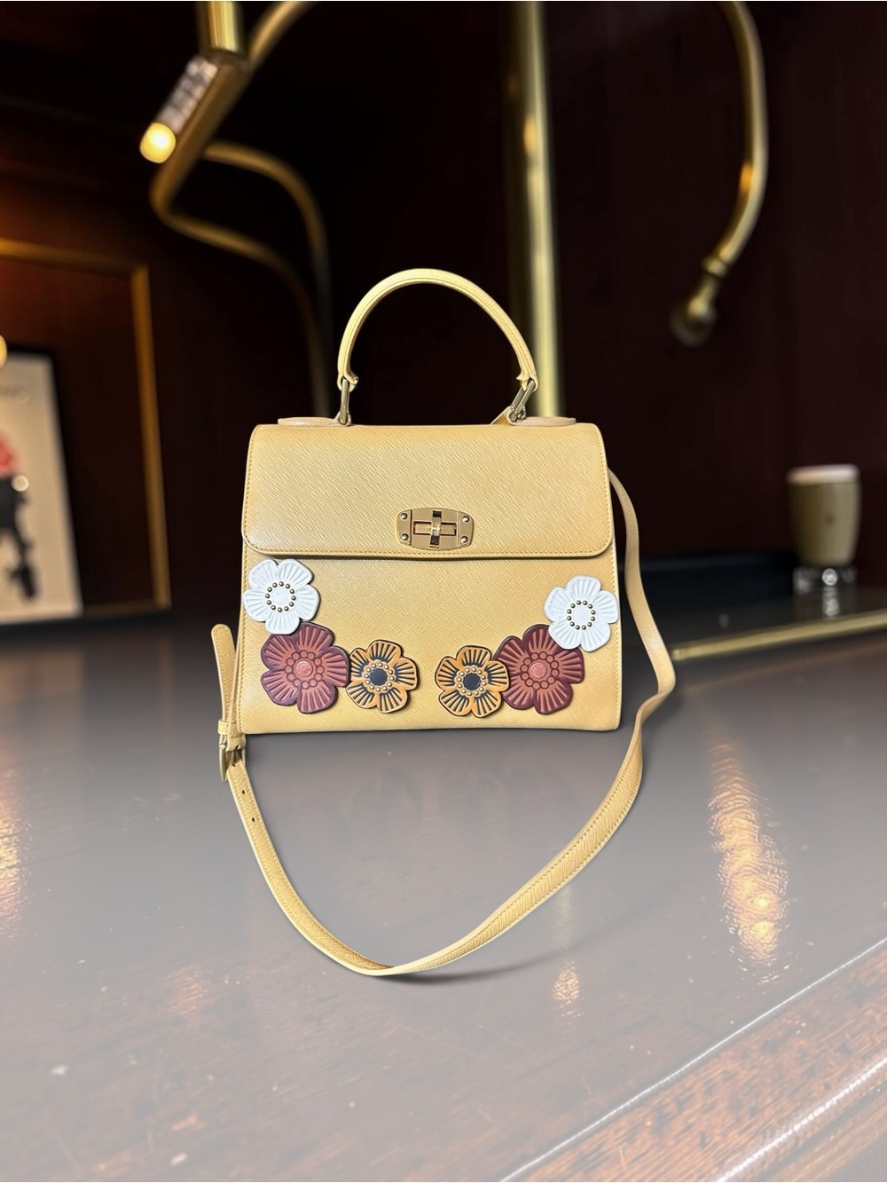 Coach Yellow Leather Top-Handle Satchel with Floral Appliquรฉ